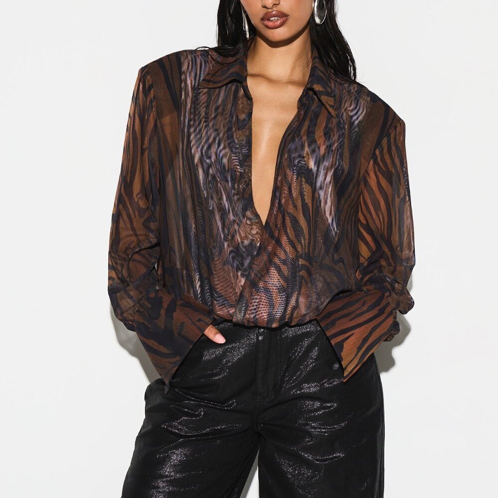 Coffee Brown Sexy Women's Long Sleeve Deep V-Neck Tiger Print Mesh Bodysuit